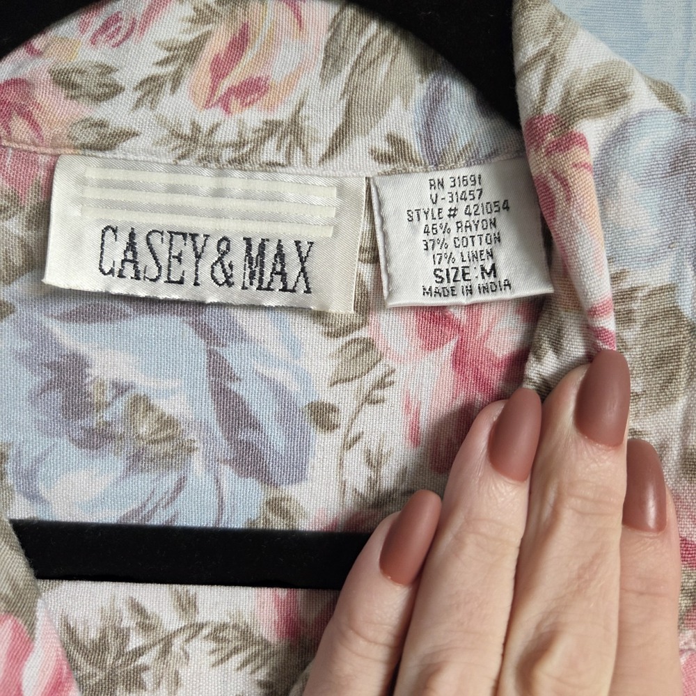 Vtg 70s 80s Womens M Linen Blend Floral Button Down Short Sleeve Shirt Pastel - Picture 5 of 7